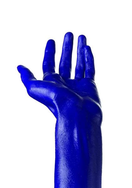 Blue hand on white background, isolated, paint — Stock Photo, Image