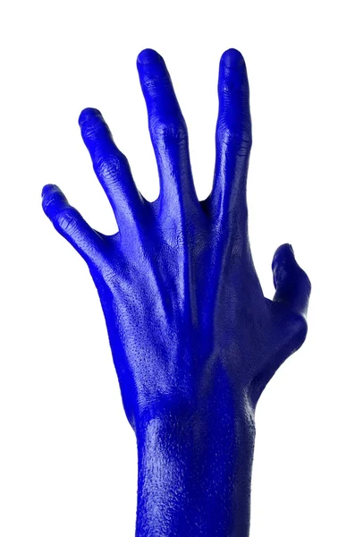Kék kéz, fehér háttér, elszigetelt, festék — Stock Fotó