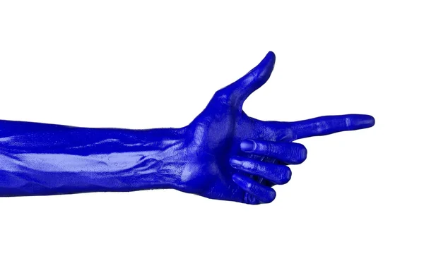 Mano blu su sfondo bianco, isolato, vernice — Foto Stock
