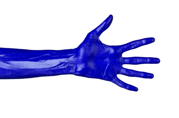 Kék kéz, fehér háttér, elszigetelt, festék — Stock Fotó