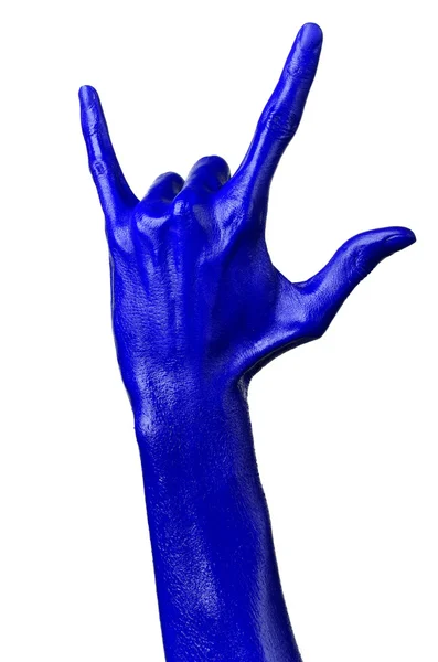 Blaue Hand auf weißem Hintergrund, isoliert, Farbe — Stockfoto