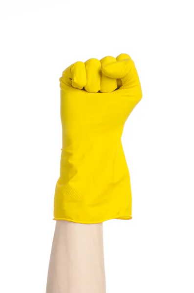 Tareas, lavado y limpieza del tema: la mano del hombre sostiene un amarillo y usa guantes de goma para limpiar aislado sobre fondo blanco en el estudio — Foto de Stock