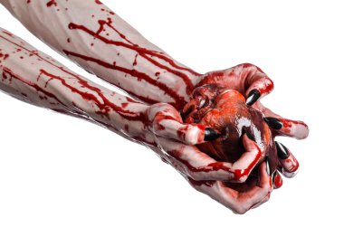 Kanlı korku ve Halloween Tema: korkunç kanlı eller kanlı insan kalbi beyaz bir arka plan üzerinde tutarak siyah çivi ile izole Studio arka plan