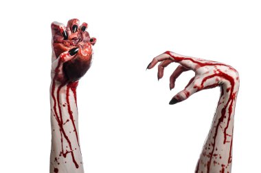 Kanlı korku ve Halloween Tema: korkunç kanlı eller kanlı insan kalbi beyaz bir arka plan üzerinde tutarak siyah çivi ile izole Studio arka plan