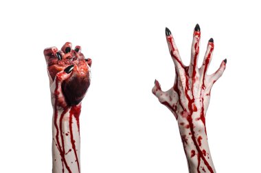 Kanlı korku ve Halloween Tema: korkunç kanlı eller kanlı insan kalbi beyaz bir arka plan üzerinde tutarak siyah çivi ile izole Studio arka plan