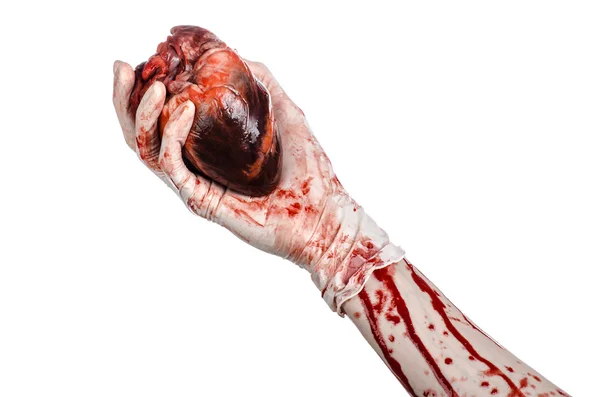 Operation and medicine theme: Bloody hand surgeon holding a human heart in a bloody white gloves isolated on a white background in studio — Stock Photo, Image