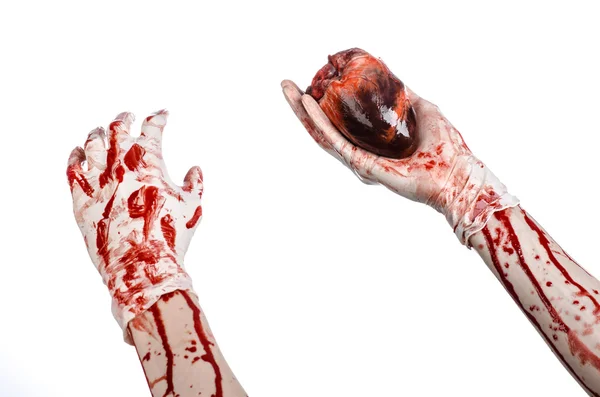 Operation and medicine theme: Bloody hand surgeon holding a human heart in a bloody white gloves isolated on a white background in studio — Stock Photo, Image