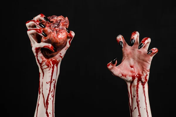 Horror sangrento e tema de Halloween: mãos sangrentas terríveis com unhas pretas segurando um coração humano sangrento em um fundo preto isolado em estúdio — Fotografia de Stock
