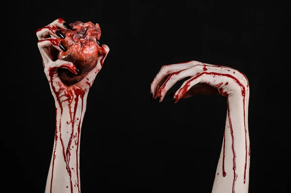 Bloedend, horror en Halloween thema: verschrikkelijk bloedige handen met zwarte nagels houden een bloedige menselijk hart op een zwarte achtergrond geïsoleerd achtergrond in studio — Stockfoto
