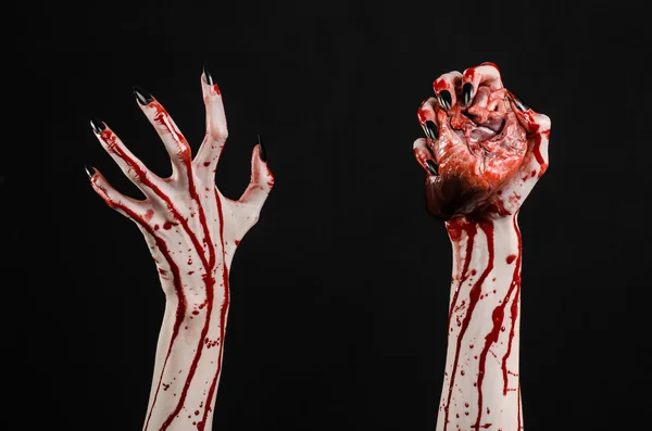 Horreur sanglante et thème d'Halloween : Mains sanglantes terribles avec des ongles noirs tenant un cœur humain sanglant sur un fond noir isolé en studio — Photo