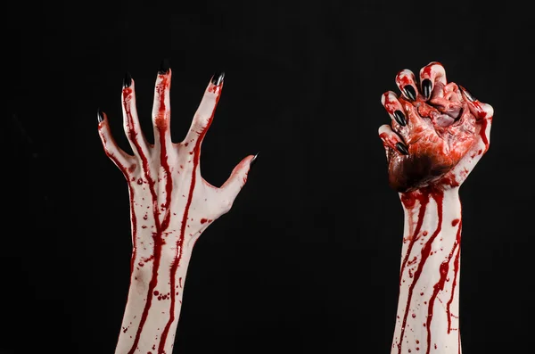 Horror sangrento e tema de Halloween: mãos sangrentas terríveis com unhas pretas segurando um coração humano sangrento em um fundo preto isolado em estúdio — Fotografia de Stock