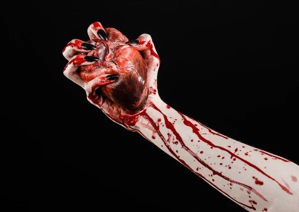 Bloody horror and Halloween theme: Terrible bloody hands with black nails holding a bloody human heart on a black background isolated background in studio — Stock Photo, Image