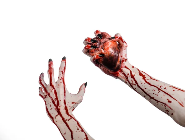 Bloedend, horror en Halloween thema: verschrikkelijk bloedige handen met zwarte nagels houden een bloedige menselijk hart op een witte achtergrond geïsoleerd achtergrond in studio — Stockfoto