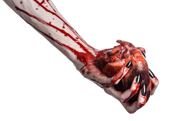 Bloedend, horror en Halloween thema: verschrikkelijk bloedige handen met zwarte nagels houden een bloedige menselijk hart op een witte achtergrond geïsoleerd achtergrond in studio — Stockfoto