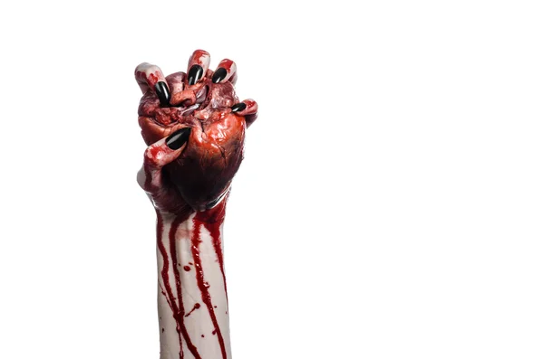 Αιματηρή φρίκη και Απόκριες θέμα: τρομερό αιματηρών χέρια με μαύρο καρφιά που κρατούν μια αιματηρή ανθρώπινης καρδιάς σε λευκό φόντο απομονωθεί φόντο στο στούντιο — Φωτογραφία Αρχείου
