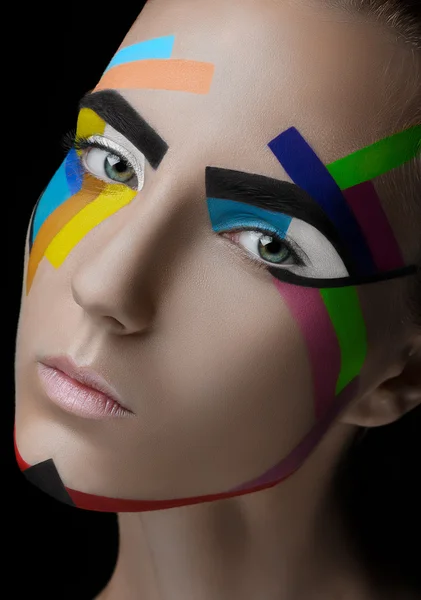Menina maquiagem linhas coloridas — Fotografia de Stock