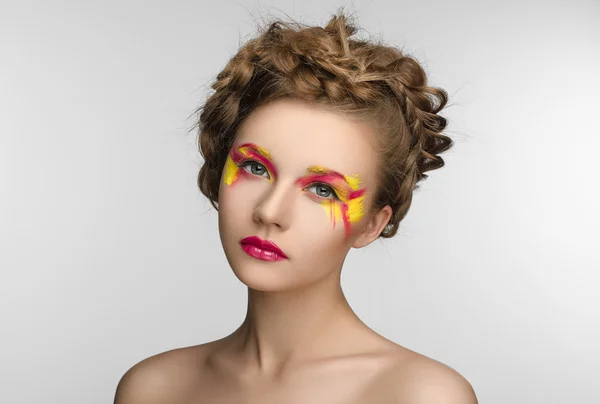 Red yellow Makeup Beauty Girl — Stock Photo, Image