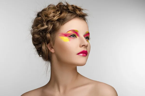 Red yellow Makeup Beauty Girl — Stock Photo, Image