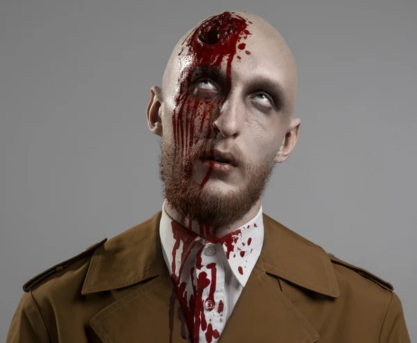 bald man with a broken head, a bloody man with a beard and mustache, a bloody man with a brown coat and a white shirt, a bloody knife, a bald man, a head injury, bloody theme, halloween theme, killer