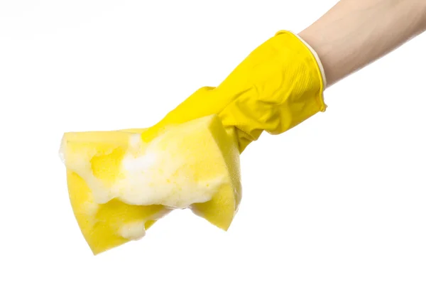 Ev ve sanitasyon konu temizlik: sarı s tutan el — Stok fotoğraf