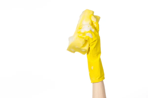 Úklid domu a hygieny téma: ruka drží žlutá s — Stock fotografie
