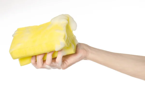 Limpieza de la casa y el tema de saneamiento: Mano sosteniendo un amarillo s — Foto de Stock