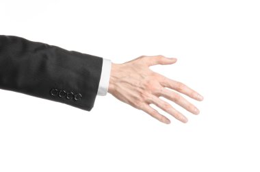 İşadamı ve jest Konu: bir adam bir siyah takım elbise ve beyaz gömlek izole beyaz arka planda Studio el hareketi gösterilen