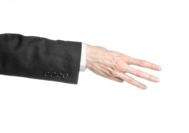 İşadamı ve jest Konu: bir adam bir siyah takım elbise ve beyaz gömlek izole beyaz arka planda Studio el hareketi gösterilen