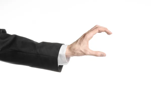 Tópico de homem de negócios e gesto: um homem de terno preto e camisa branca mostrando gesto de mão em um fundo branco isolado em estúdio — Fotografia de Stock