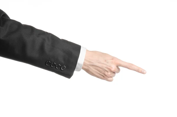 Geschäftsmann und Gestenthema: ein Mann im schwarzen Anzug und weißem Hemd mit Handgesten vor isoliertem weißen Hintergrund im Studio — Stockfoto