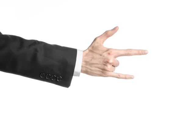 사업가 주제: 검은 양복과 흰 셔츠 스튜디오에서 고립 된 흰색 배경에 손 제스처를 보여주는 남자 — 스톡 사진