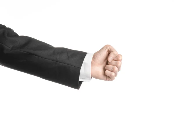 Businessman and gesture topic: a man in a black suit and white shirt showing hand gesture on an isolated white background in studio — Stock Photo, Image