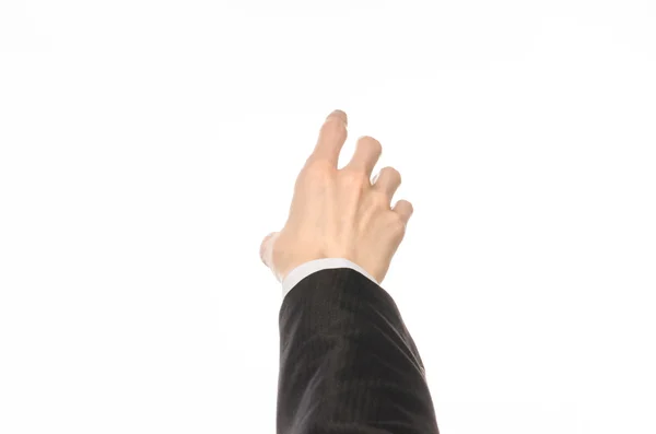 Gestures and Business theme: businessman shows hand gestures with a first-person in a black suit on a white background isolated — Stock Photo, Image