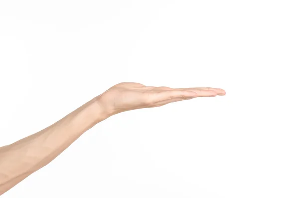 手ジェスチャー テーマ: 人間の手がスタジオで白い背景で隔離のジェスチャーを示しています — ストック写真