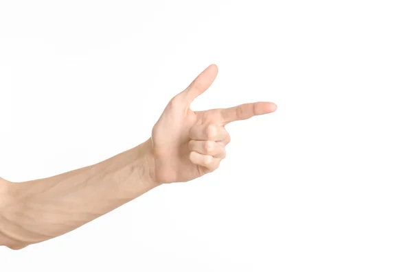 手ジェスチャー テーマ: 人間の手がスタジオで白い背景で隔離のジェスチャーを示しています — ストック写真
