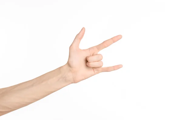 Tema de los gestos de mano: la mano humana muestra gestos aislados sobre fondo blanco en el estudio — Foto de Stock