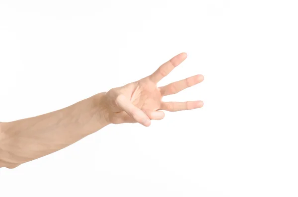 Hand gestures theme: the human hand shows gestures isolated on white background in studio — Stock Photo, Image