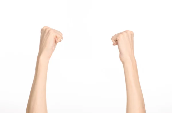 Thème gestes de la main : la main humaine montre des gestes isolés sur fond blanc en studio — Photo