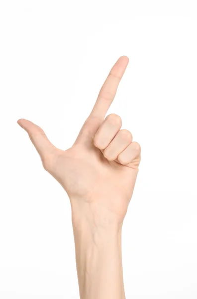Kézi gesztusok téma: az emberi kéz mutatja gesztusok elszigetelt fehér background stúdió — Stock Fotó