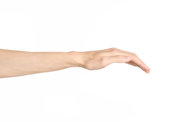 手的手势主题： 人类的手显示孤立在工作室中的白色背景上的手势 — 图库照片