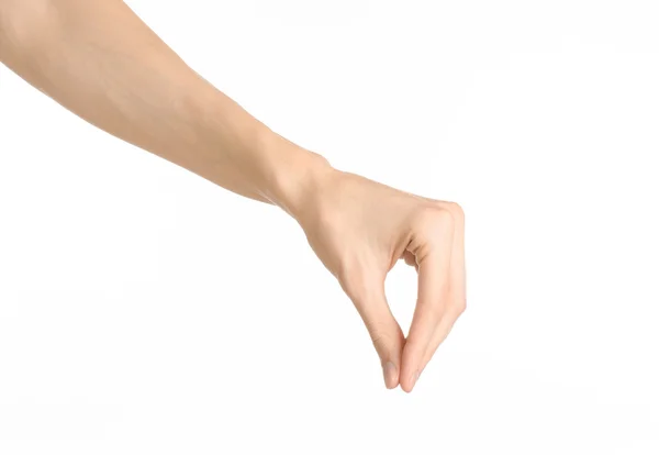Hand gebaren thema: de menselijke hand toont gebaren geïsoleerd op een witte achtergrond in de studio — Stockfoto