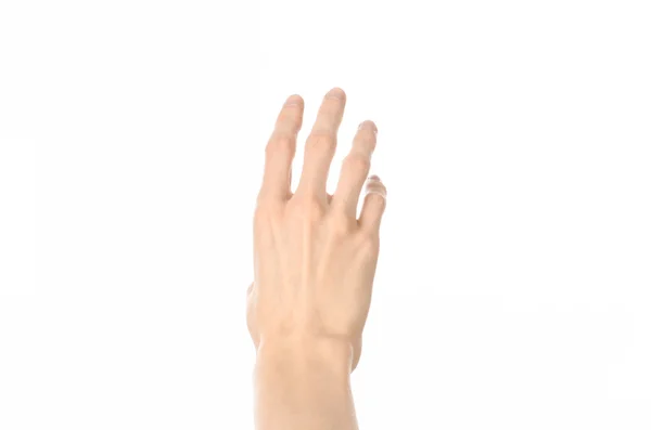 제스처 주제: 인간의 손 제스처를 보여주는 첫 번째-사람이 스튜디오에 고립 된 흰색 배경 목록 — 스톡 사진