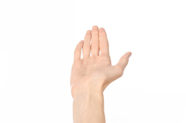 Gestures topic: human hand gestures showing first-person view isolated on white background in studio