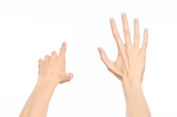 Gester ämne: mänsklig hand gester visar första person se isolerat på vit bakgrund i studio — Stockfoto