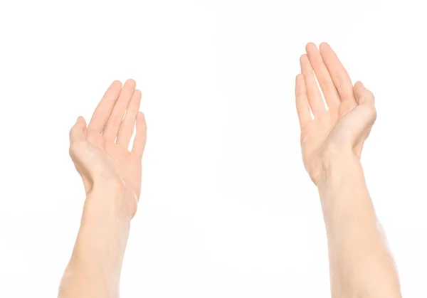 Sujet des gestes : gestes de la main humaine montrant vue à la première personne isolée sur fond blanc en studio — Photo