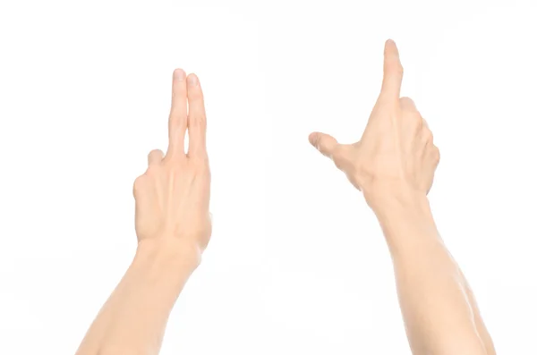 Gestures topic: human hand gestures showing first-person view isolated on white background in studio — Stock Photo, Image