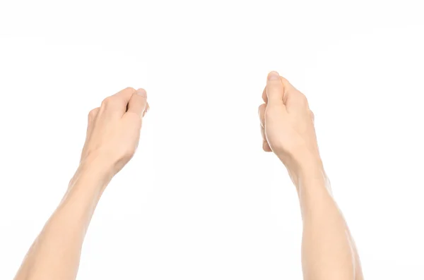 Gester ämne: mänsklig hand gester visar första person se isolerat på vit bakgrund i studio — Stockfoto