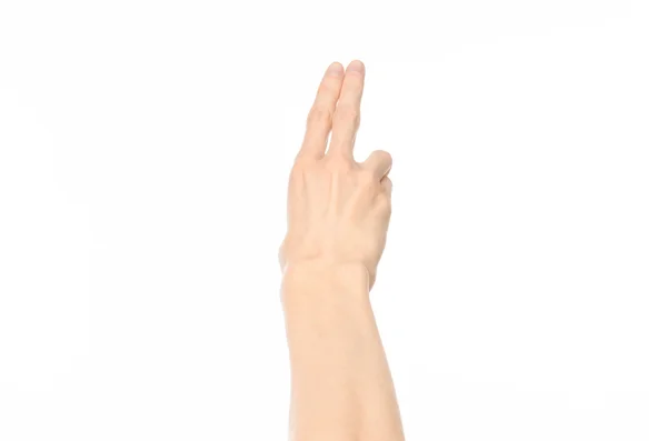 Gestures topic: human hand gestures showing first-person view isolated on white background in studio — Stock Photo, Image