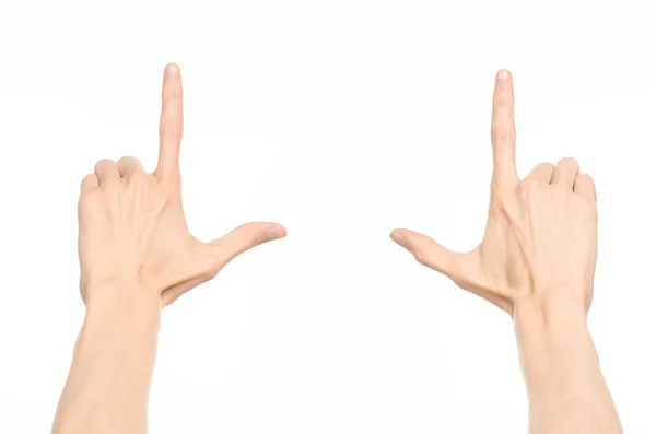 Gestures topic: human hand gestures showing first-person view isolated on white background in studio — Stock Photo, Image