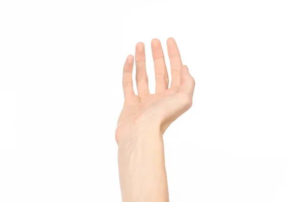 Тема жестів: жести рук людини, що показують вид від першої особи ізольовано на білому тлі в студії — стокове фото